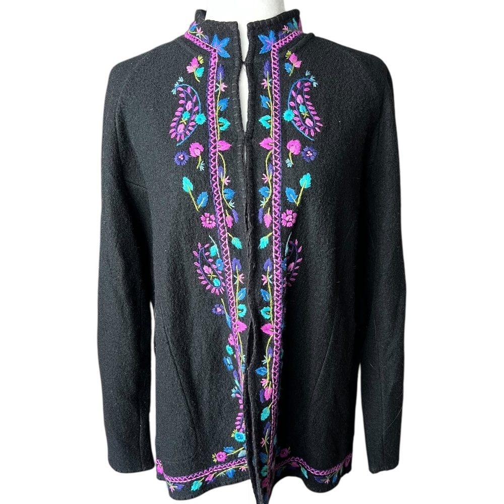 Vintage Wool Needlepoint Floral Embroidery Cardigan Large